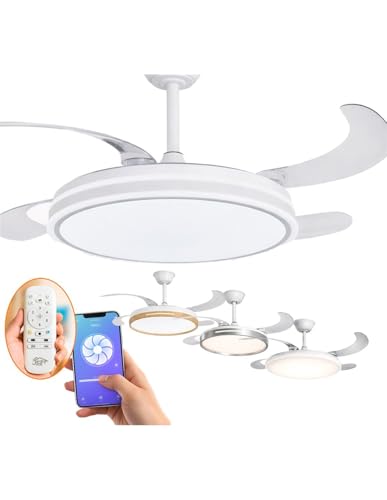 Jardin202   Ventilador de Techo con Aspas Retráctiles, Motor DC, Temporizador, WiFi Alexa/Google Home y Luz LED Regulable, Mando a Distancia | 50 cm (Tarifa Wifi Blanco)