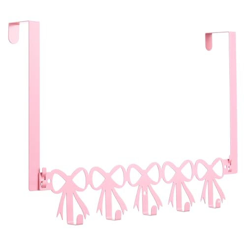 AceOrbit Pink Bow Over The Door Hooks Hanger Wall Mount Towel Hanger Door Holder Organizer 5 Hooks Kawaii Farmhouse Rustic Coquettish Style Decor for Bedroom Bathroom Towel Hat Clothes
