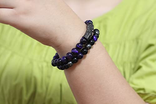 2Pcs Triple Protection Bracelet,Natural Tigers Eye Black Obsidian And Hematite 8 Mm Beads Bracelet For Men Women Gift, Healing Crystal Bracelet Bring Luck And Prosperity And Happiness (Purple) #TOP7