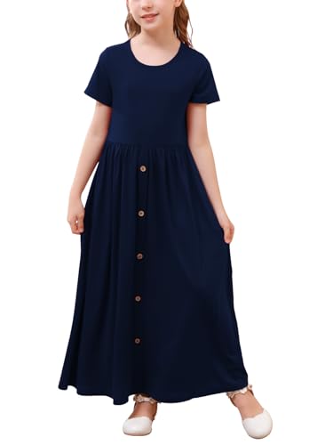 GORLYA Girl’s Modest Simple Button Casual Loose Holiday Long Maxi Dress with Pockets for 4-14Y Kids
