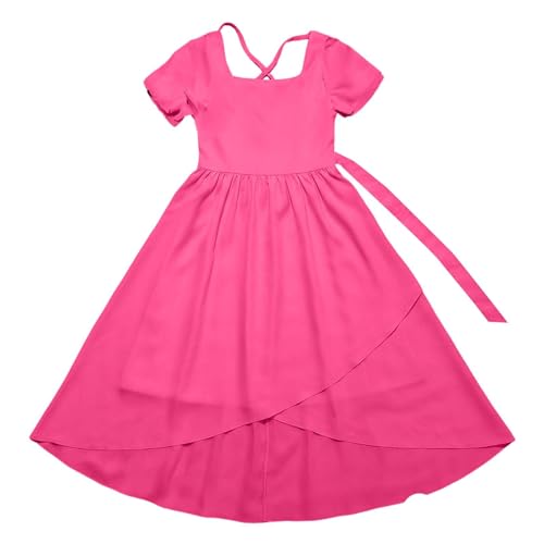 Robe longue unie rose élégante pour fille de 7 à 13 ans avec ourlet à volants