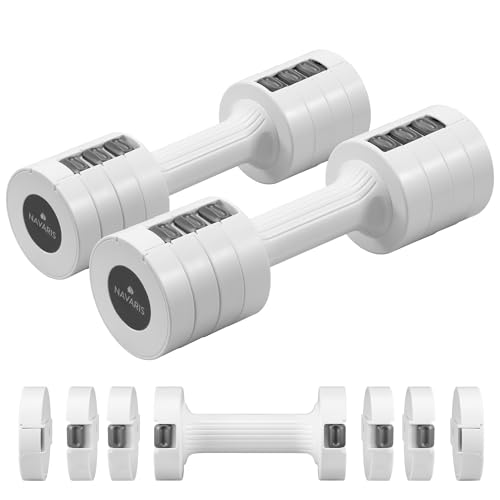 Navaris Mancuernas Ajustables - Set 2x Pesas Ajustables hasta 3,5 kg Cada Una - Juego de Mancuernas para Casa con 12x Discos de 0,25kg para Ajustar Peso - Pesas y Mancuernas Blanca
