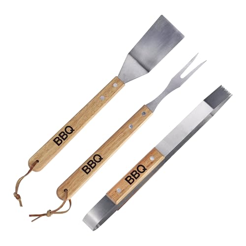 Edco Eindhoven B.V. Alpina Accessoire Brasero 3 Pièces - Ustensiles BBQ avec Pince, Spatule et Fourchette à Viande - INOX et Bois