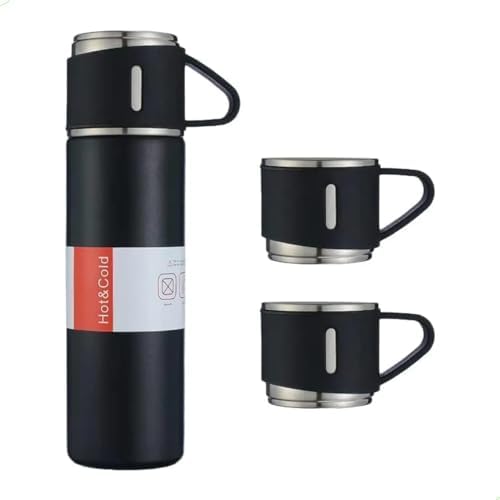 Kit Garrafa Térmica Inox 500ml Com 3 Xícaras Camping, Viagem, Esc...