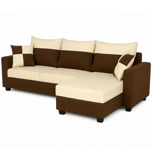 Image of Furny Arevva 4 Seater Fabric RHS L Shape Sofa Set (Cream-Dark Brown)