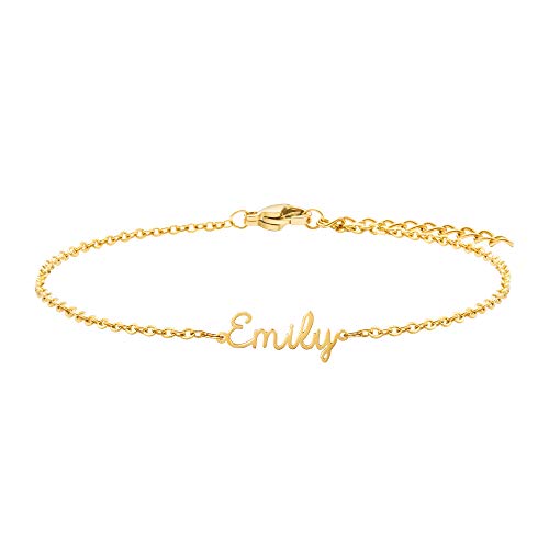 Gifts for Wife Emily Personalized Dainty Name Chain Bracelet 18K Gold Stainless Steel Simple Minimalist Initial Letter Jewelry Customized Your Name