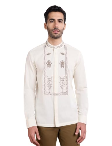 Image of Amazon Brand - Symbol Men's Cotton Blended Full Sleeve Kurta| Regular Fit | Ethnic Motif Embroidery Mandrin Collar| Front Full Open | Available in Plus Sizes