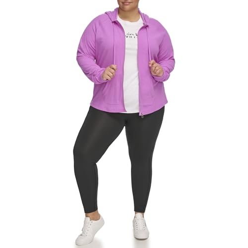 Calvin Klein Womens Premium Performance Ruched Long Sleeve Zip Up Hoodie (Standard and Plus), Lotus, 2X