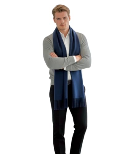 LA FERANI Écharpe en cachemire pour homme, automne hiver, fine 185x65, style décontracté, écharpe en laine unie, bleu foncé, 200x70