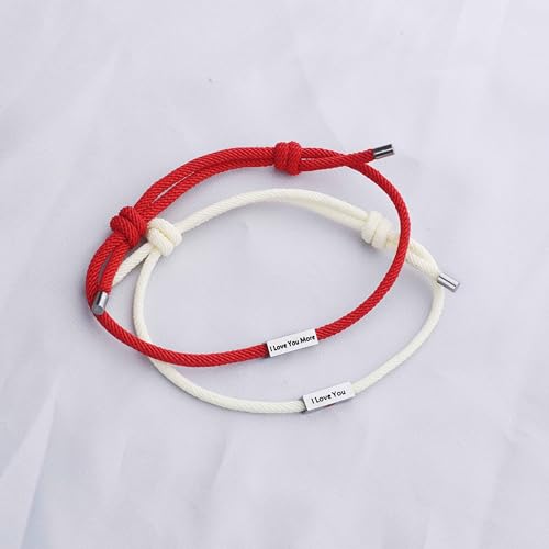 Image of I Love You More Hand Stamped Bracelet Jewelry Gifts for Her Girlfriend Wife Classic Lettering Valentine's Day Gift (red more), adjustable