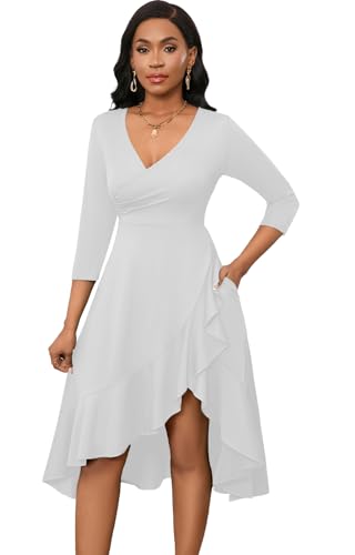 Womens Sexy Summer Midi Dress Casual Wrap V Neck 3/4 Sleeve Split Ruffle Hem Short Dresses with Pockets Solid White XL
