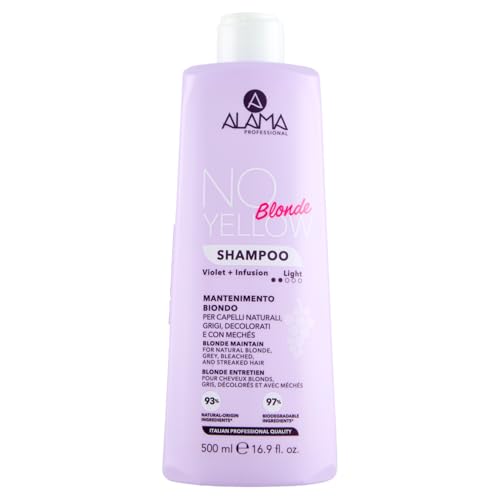 A ALAMA Professional Alama Professional No-Yellow Daily Shampoo Antigiallo e Antiriflesso, per Capelli Biondi, Grigi e Decolorati con Olio di Semi di Uva, Vegan, 500ml