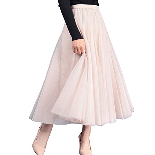 FEOYA Women s Maxi Tulle Skirt Tutu Princess Skirt Pleated Midi Petticoat High Waist A Line Large Swing Ankle Length Party Skirt Beige