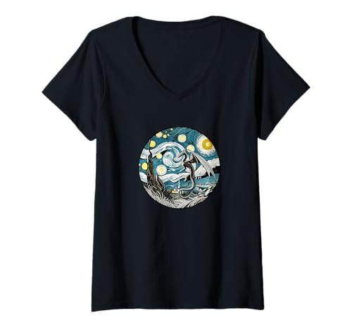 Womens Dragon Mystical Creature Book - Van Gogh Starry Night Style V-Neck T-Shirt