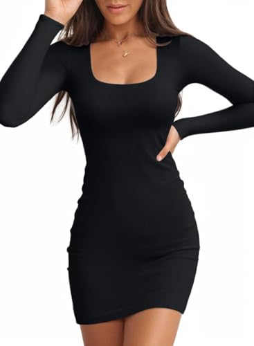 TrendiMax Damen Bodycon Minikleid Gerippt Langarm Freizeitkleid U-Ausschnitt Stretch Party Club Kleid Enges Basic Kleider Einfarbig (M, Schwarz)