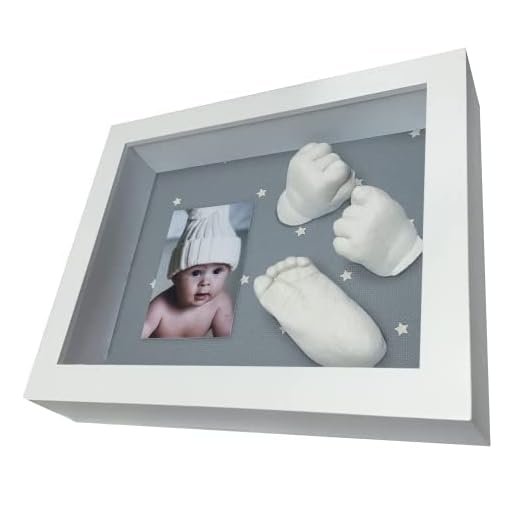 Marco Con Material Huellas Del Bebe En 3D Pie O Mano - Fondo Estrellitas azules - Made in Spain