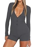BONITEE Women's Long Sleeve Bodycon Romper Stretchy V Neck Button Down Ribbed Sexy Unitard Jumpsuit Overalls Grey Medium