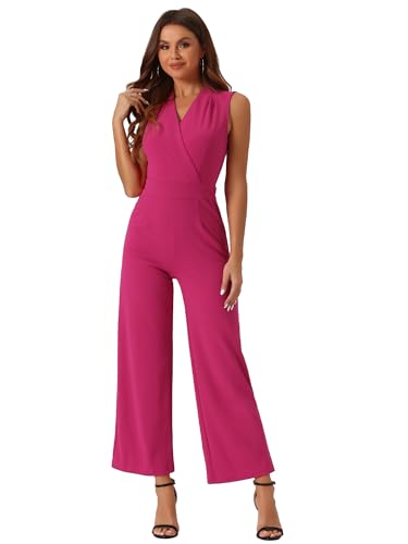 Allegra K Mono sin mangas para mujer, cuello en V, cintura alta, pierna ancha, pantalones largos Rosa Caliente L