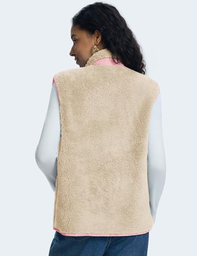 Kistore Fellweste Damen Teddy-Fleece Casual Leicht Stehkragen Lang Weste Outdoor Reißverschluss Gilets Damenweste(Apricot Rosa,XL)