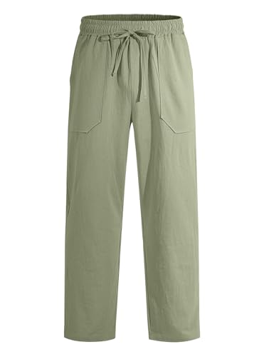 RQP Mens Cotton Linen Pants Casual Loose Fit Drawstring Summer Beach Pants Lightweight Vacation Yoga Trousers with Pockets Army Green — view 6