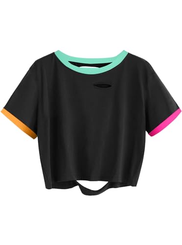 Image of Avanova Women Raglan Shirt Ripped Distressed Crop Tops Short Sleeve Cropped T Shirts Summer Tee