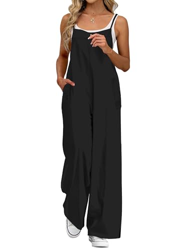 Bagavs Jumpsuits for Women Summer Wide Leg Overalls Casual Floral Rompers Boho Outfits with Pockets(Black,Large)