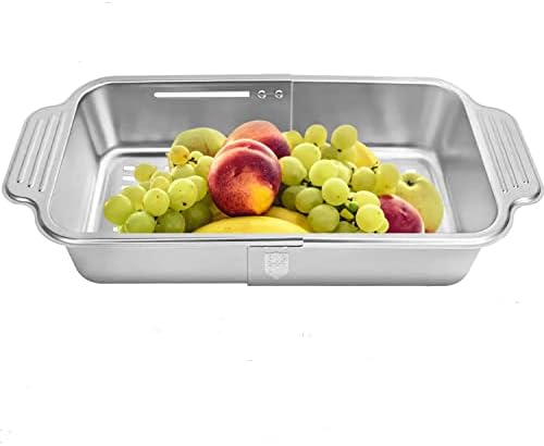 Stainless Steel Colander Drain Basket,Vegoran Over the Sink Colander Strainer Basket,Collapsible Colander Fruits and Vegetables Drain Basket Adjustable Strainer Sink Washing Basket