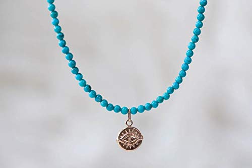 Precious-GEMS Jewelry Genuine Turquoise Beaded Necklace | Natural Authentic Turquoise | Women's Turquoise Jewelry | Round Beaded Turquoise Necklace