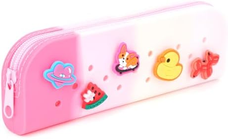 ECHSRT Cute Pencil Case for Girls,Silicone Pencil Pouch with Personality DIY Holes and 10 Charms,Small Pen Case for Teen Students,Portable Art Makeup Bag for School Office Travel