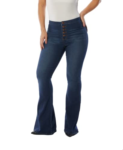 dollhouse Women's Dark Wash High Rise Curvy Flare with Exposed Buttons and Zipper Fly
