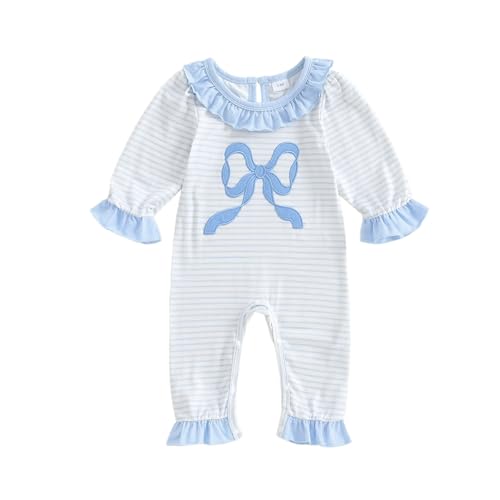Seyurigaoka Newborn Baby Girl Fall Clothes Bow Striped Smocked Romper Long Sleeve Ruffle One Piece Going Home Outfits