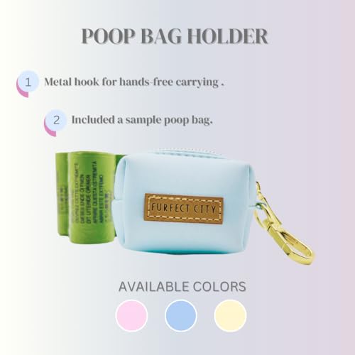 Image of Dog Poop Bag Holder with Leash attachment, Waste litter bag container, Lead accessories, Metal hook hands free holder, Zipper pouch stylish gold hardware (Blue)