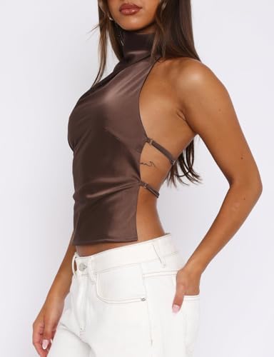 Passec Open Back Halter Tops for Women Bow Tie Back Ruched Ruffle Crop Tops Smocked Y2K Going Out Camisoles3