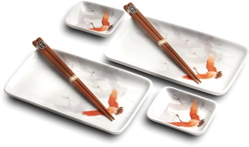Japon Set d'assiettes à sushi pour chat et koi - 6 pièces - Assiettes à sushi pour 2 personnes - Assiettes à sushi, bols et baguettes dans différents designs d'animaux asiatiques - Fabriqué au Japon