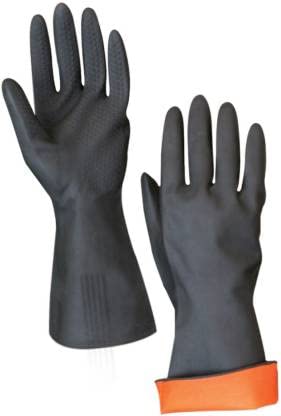 SSWW Natural House Hold Rubber Hand Gloves for Housekeeping Industrial Purpose Construction Gardening Home Kitchen Cleaning Gloves/Reusable Dish Washing Gloves (Pack of 1 Pair, Black)