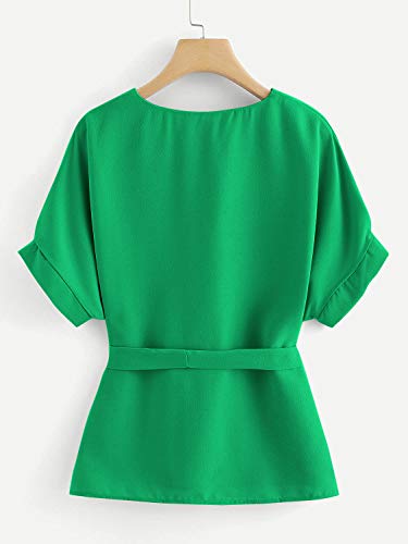 Milumia Women's Casual V Neckline Self Tie Short Sleeve Work Blouse Tunic Tops Green X-Small