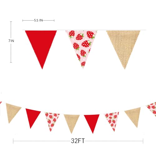 Image of 32Ft Strawberry Party Decorations Red Strawberry Burlap Triangle Flag Fabric Banner Pennant Garland Streamer for Berry Sweet Girls Birthday Wedding Engagement Baby Shower Rustic Party Decor Supplies