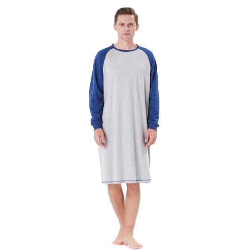 Keyocean Mens Cotton Nightgown Soft Lightweight Long Sleeve Sleepshirt Crew Neck & Pockets Comfortable Lounge Nightwear