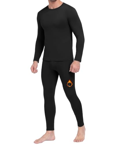 Thermal Underwear for Men - Fleece Lined Base Layer Long Johns Set Black