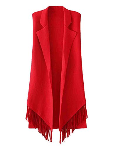 Lentta Women's Mid Long Fringe Cable Knit Sweater Vest Open Front Cardigan Vest?Red-One Size?