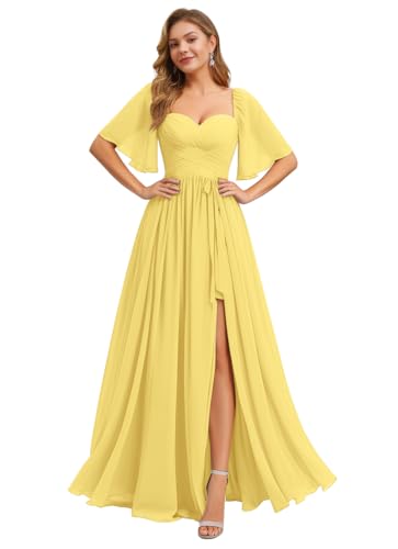 Image of IIF Women's Chiffon Bridesmaid Dresses for Wedding Flutter Sleeves Ruched A Line Long Formal Dress with Slit IIF149