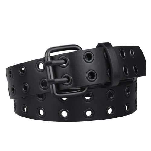 Image of Grommet Leather Belts for Women, Black Belt Women Men with Double Holes