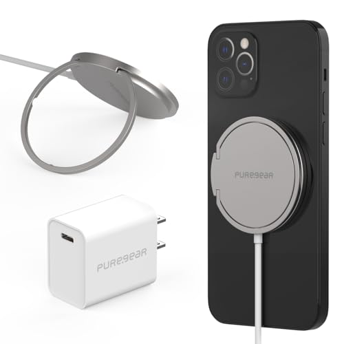 PureGear Kickstand 15W Qi-Certified Fast Magnetic Wireless Charging Pad for iPhone 15/15Pro/15ProMax/14/13/12 Series Work with MagSafe Case AirPods/iPhone 11 Galaxy S24 S20 & More Include AC Adapter