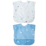 Little Dimsum Toddler Feeding Smocks Baby Waterproof Bib with Crumb Catcher Pocket Short Sleeve Adjustable Baby Bib, Pack of 2 Colors Glatic&spaceship