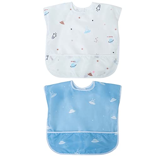 Little Dimsum Toddler Feeding Smocks Baby Waterproof Bib with Crumb Catcher Pocket Short Sleeve Adjustable Baby Bib, Pack of 2 Colors Glatic&spaceship