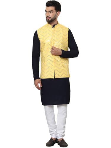 Image of SOJANYA (Since 1958 Men's Cotton Linen Maroon Kurta and White Pyjama with Mustard Cotton Nehru Jacket