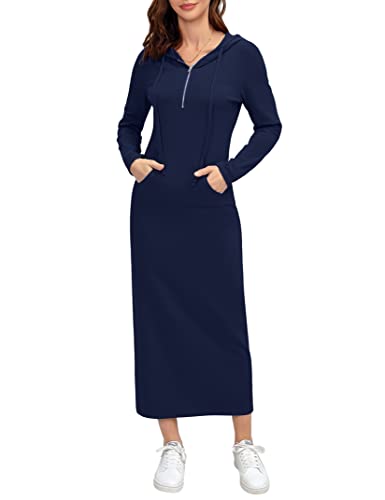 Image of MISSKY Women Casual Pocket Quarter-Zip Neck 3 /4 Sleeve Slim Split Pullover Hoodie Maxi Dress