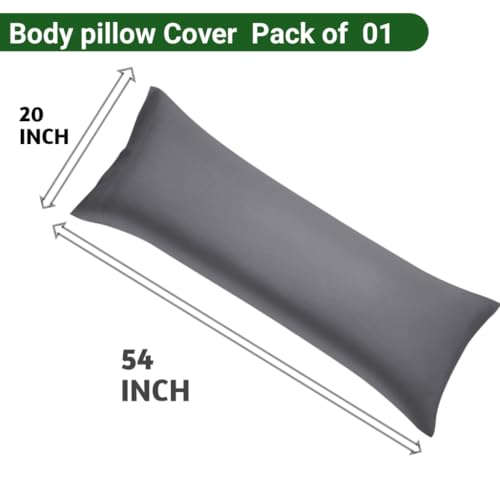 Image of 100% Cotton 600 TC Body Pillow Cover - Ultra Soft & Breathable Long Pillowcase | Zipper Closure | 20 inchx54 inch | Grey | Ideal for Pregnancy, Side Sleepers & Full Body Support