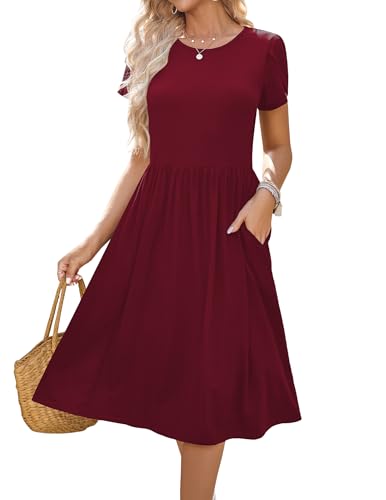 Image of HOTOUCH Women's Summer A-Line Midi Dresses 2026 Casual Floral Short Sleeve T-Shirt Dress Flowy Beach Sundress with Pockets