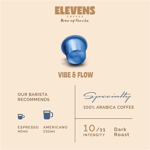 Image of ELEVENS COFFEE | Vibe & Flow | Specialty Coffee Capsules | 100% Arabica | Dark Roast | Intensity 10 | Compatible with Nespresso (11 Count (Pack of 1))